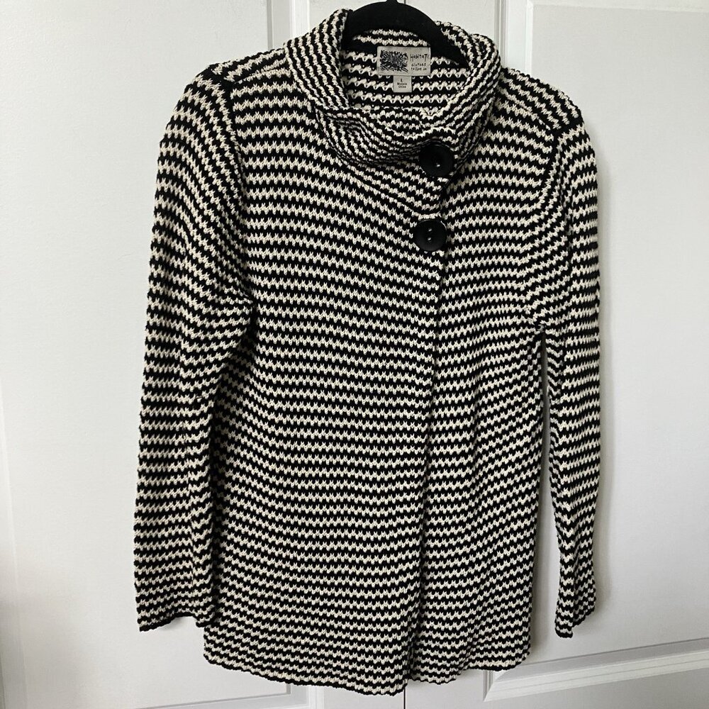 Habitat Sweater Womens L Black White Stripe Chunky Knit Lagenlook Artsy Wrap